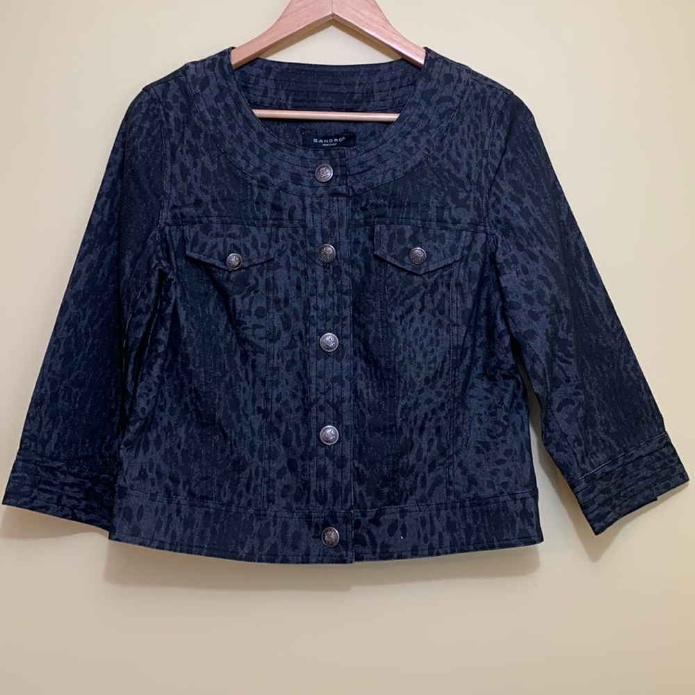 Sandro | NWOT Black Gray Animal Print button Up Round Collar Jean Jacket S